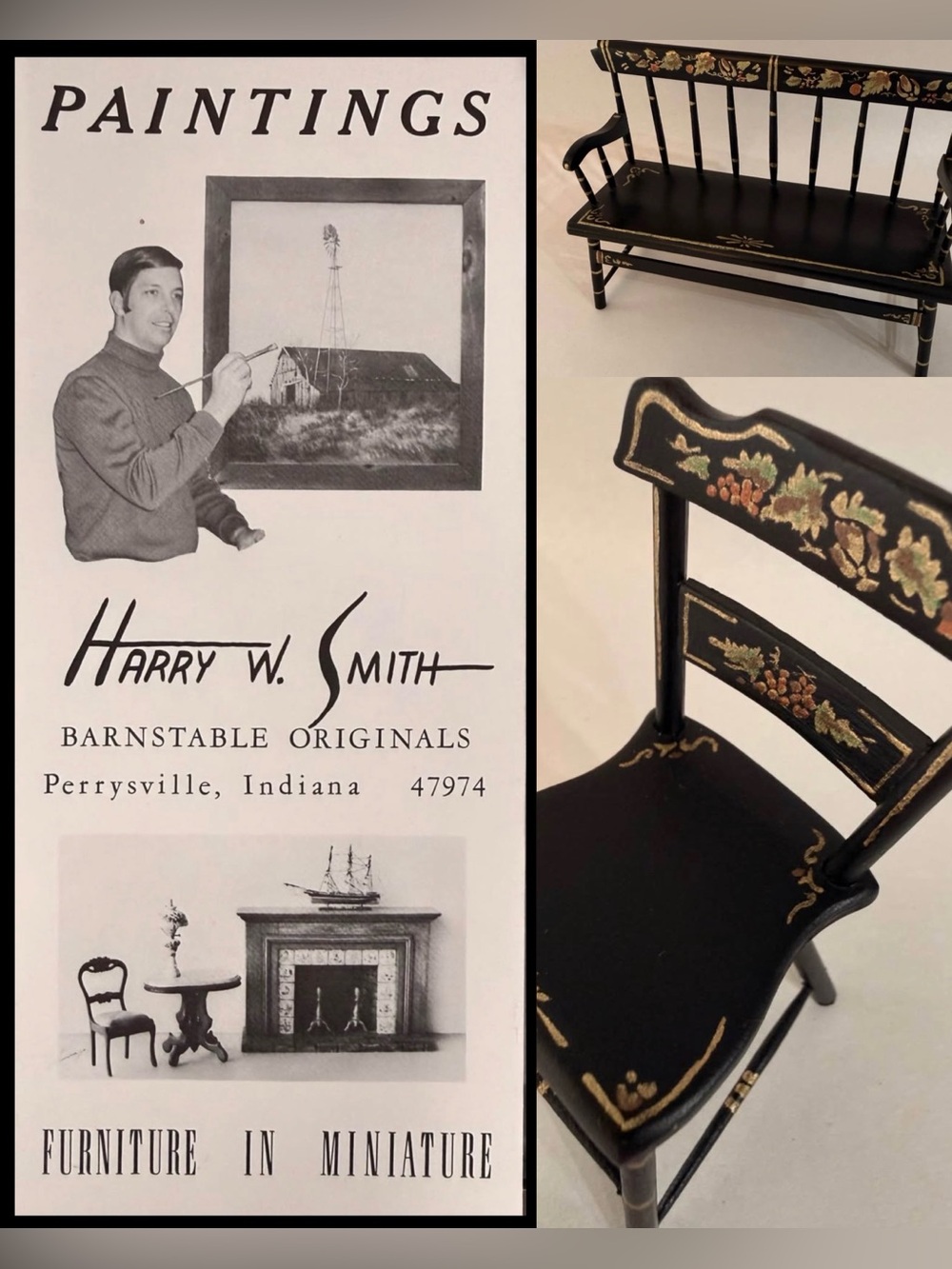 Harry W. Smith handmade signed 1:12 dollhouse chair and bench